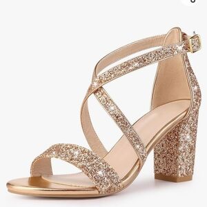Perphy, Rose Gold, Sparkling, Cross Cross Strap, Block Heel, Sandal, Size 10